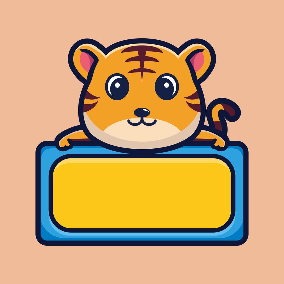 Cute tiger with empty board cartoon character premium vector