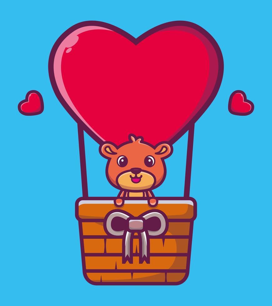 Cute teddy bear flying with love balloon cartoon vector illustration