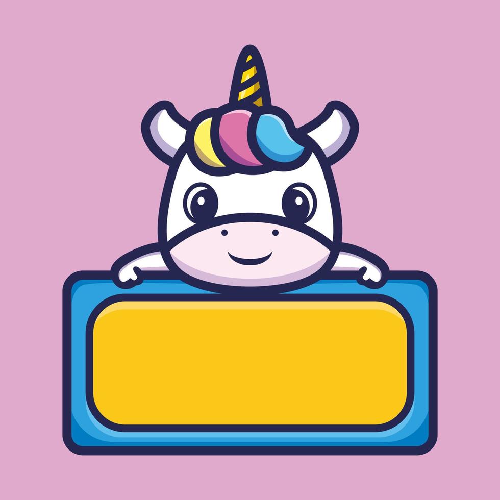 Cute unicorn with empty board cartoon character premium vector