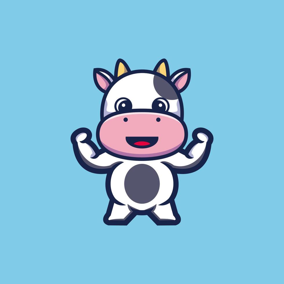 lindo personaje de dibujos animados de vaca fuerte vector premium