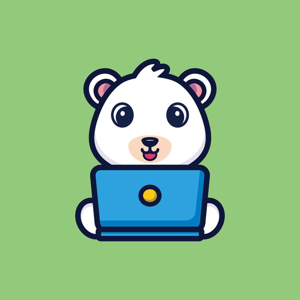 linda caricatura de oso trabajando frente a una computadora portátil. concepto de ilustración de icono de tecnología animal vector premium