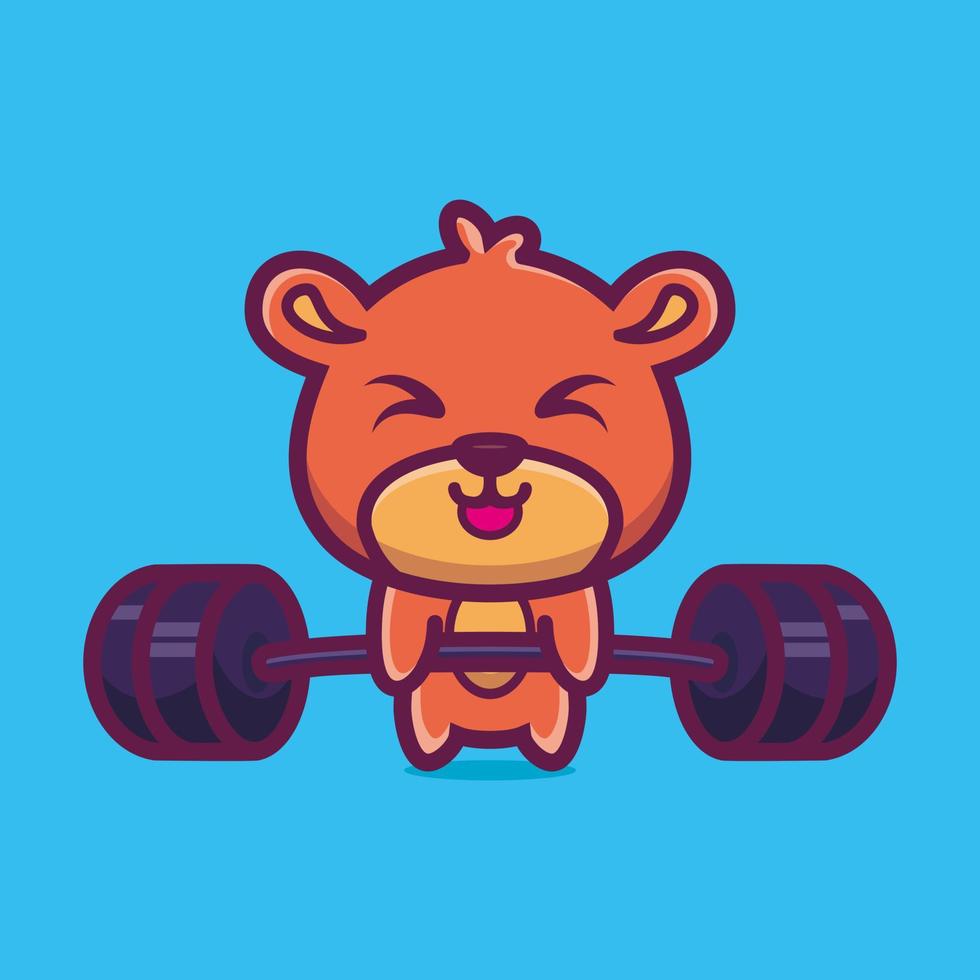 Cute illustration of teddy bear lifting barbell cartoon character design premium vector