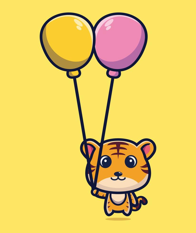 lindo tigre flotando con globo dibujos animados vector ilustración