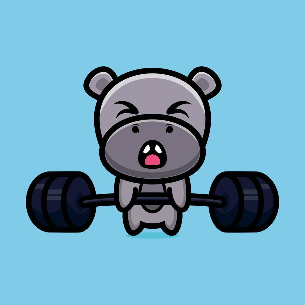 Cute illustration of hippo lifting barbell cartoon character design premium vector