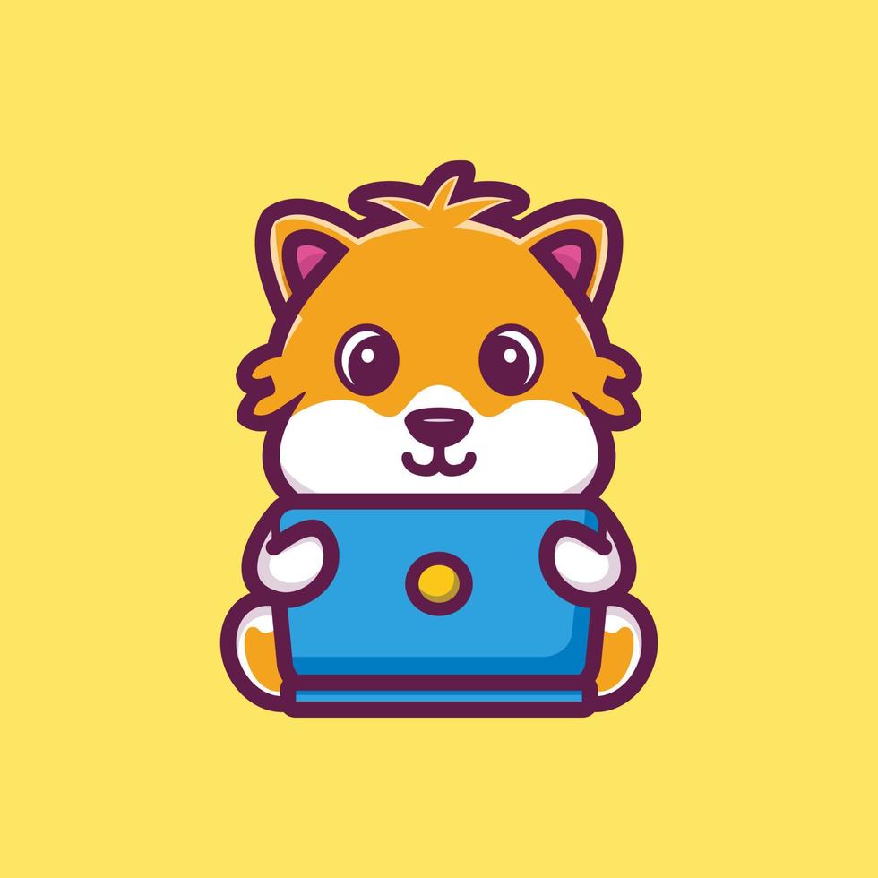 Cute hamster cartoon working in front of a laptop. Animal technology icon illustration concept premium vector