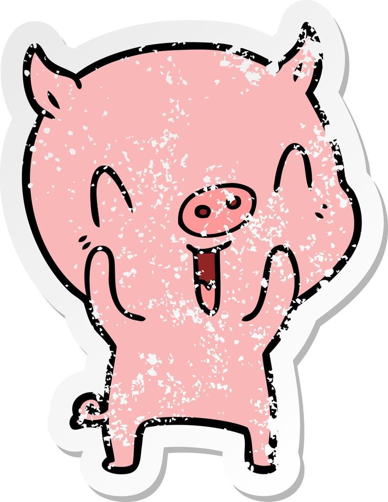 distressed sticker of a happy cartoon pig vector