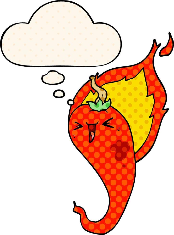cartoon flaming hot chili pepper and thought bubble in comic book style vector