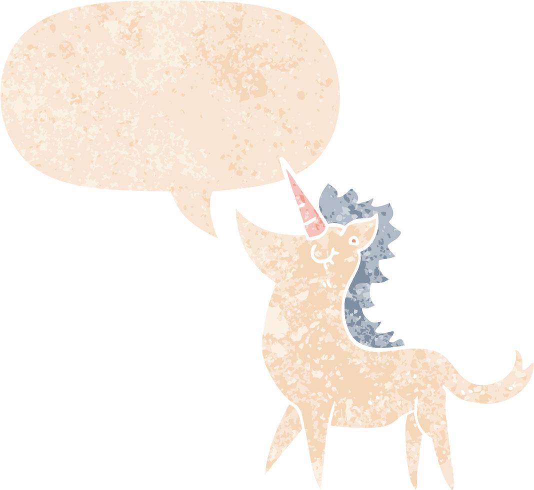 cartoon unicorn and speech bubble in retro textured style vector