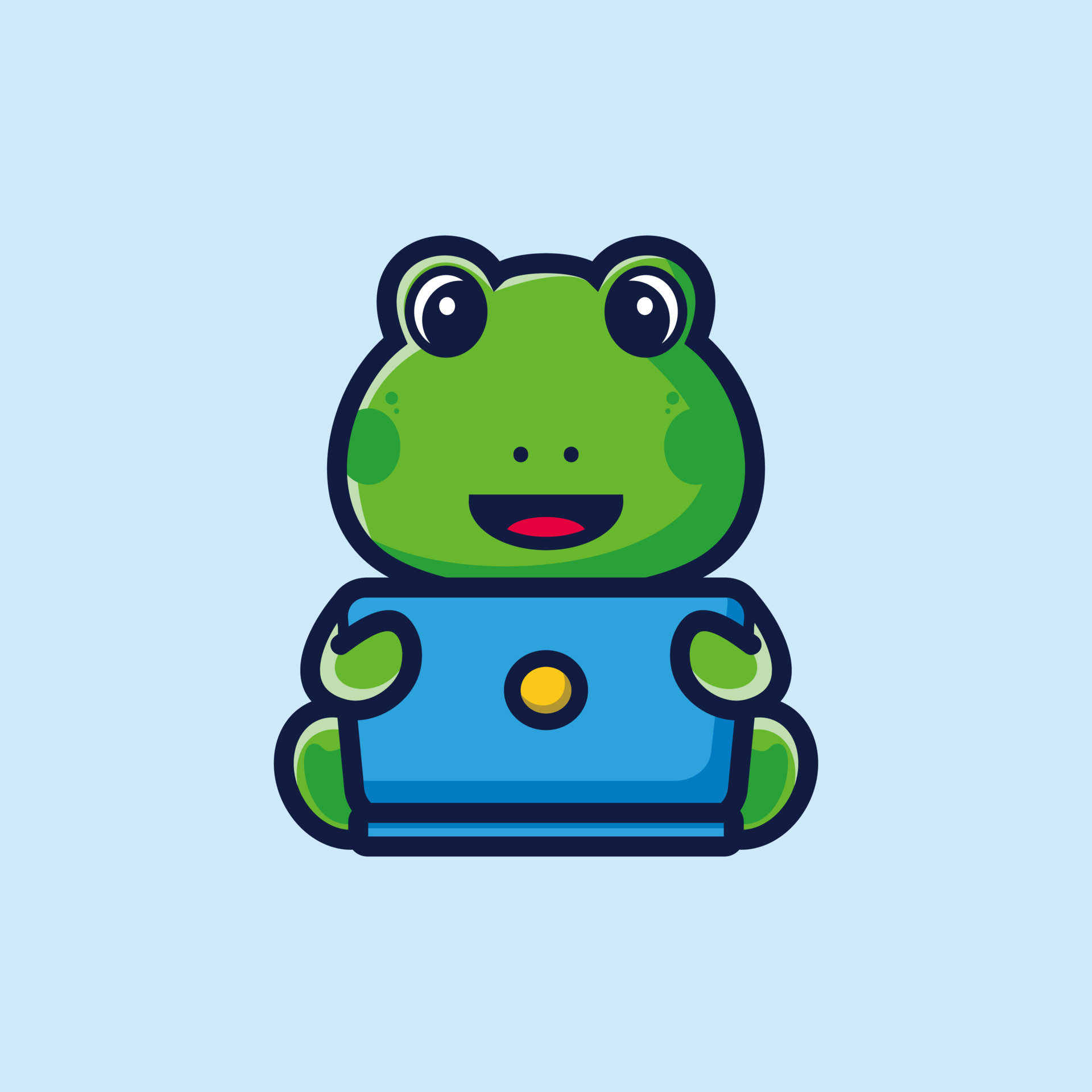 Cute frog cartoon working in front of a laptop. Animal technology icon ...