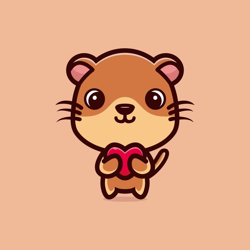 Linda nutria de pie sosteniendo amor dibujos animados icono vector ilustración. vector premium de concepto de icono de amor animal