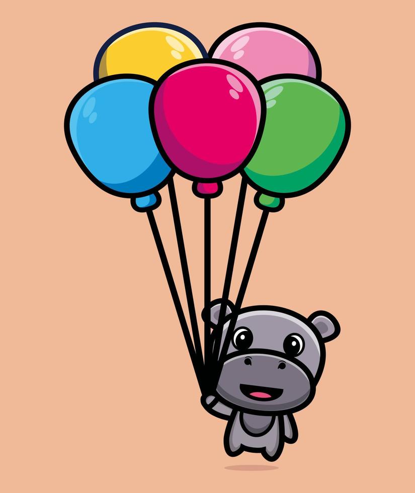 Cute hippo floating with balloon cartoon vector illustration