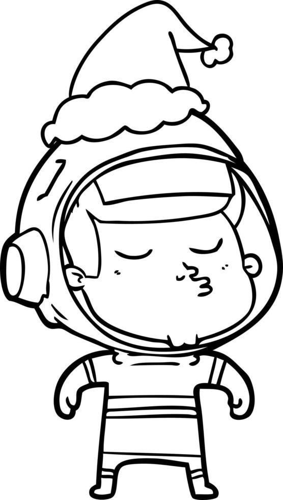 line drawing of a confident astronaut wearing santa hat vector