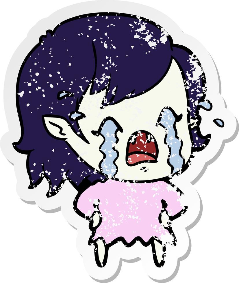 distressed sticker of a cartoon crying vampire girl vector