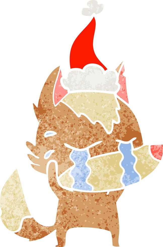 retro cartoon of a crying wolf wearing santa hat vector