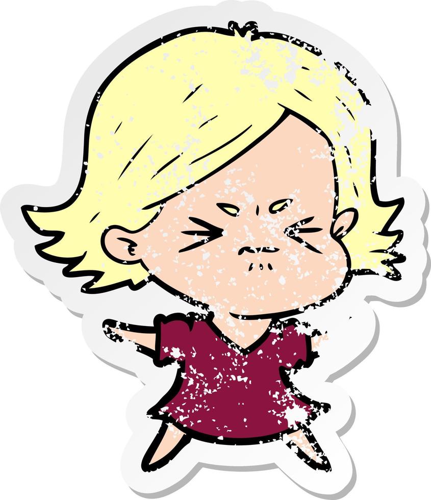 distressed sticker of a cartoon angry woman vector