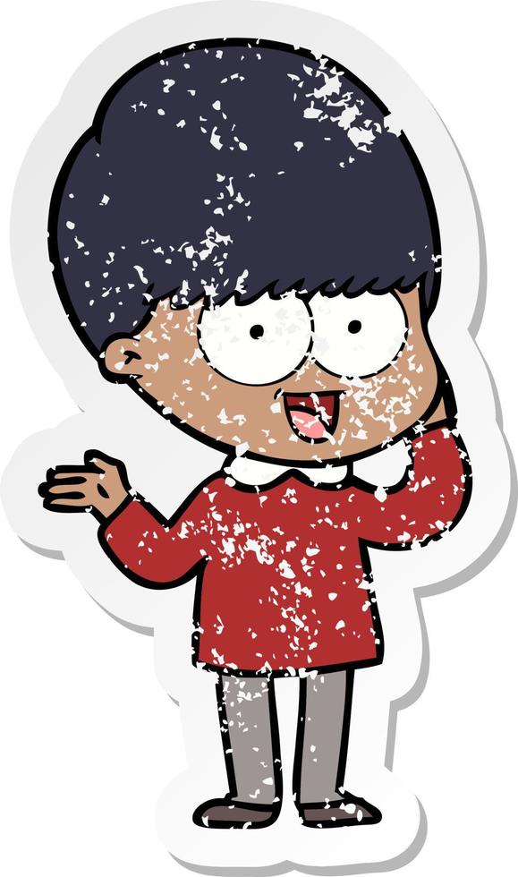 distressed sticker of a happy cartoon boy vector