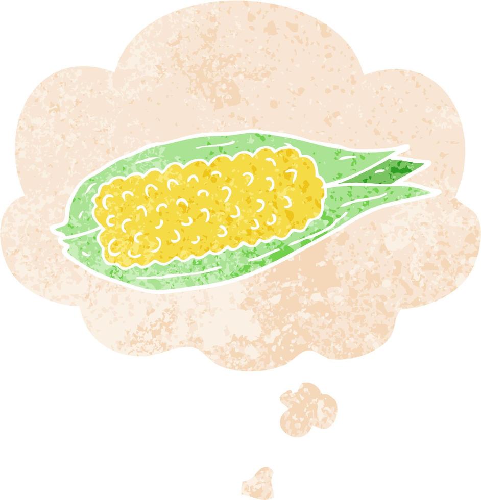 cartoon corn and thought bubble in retro textured style vector