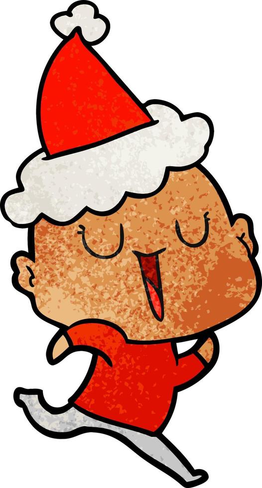 happy textured cartoon of a bald man wearing santa hat vector