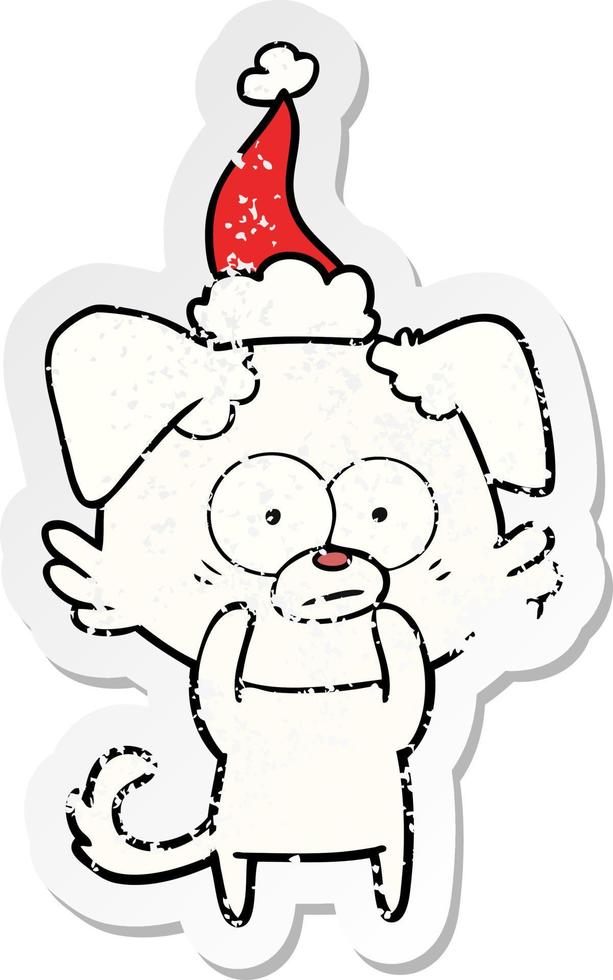 nervous dog distressed sticker cartoon of a wearing santa hat vector