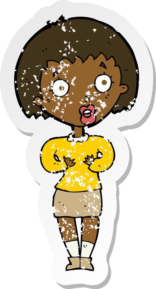 retro distressed sticker of a cartoon woman making Who Me gesture vector