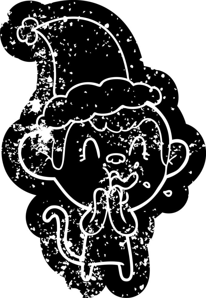 crazy cartoon distressed icon of a monkey wearing santa hat vector
