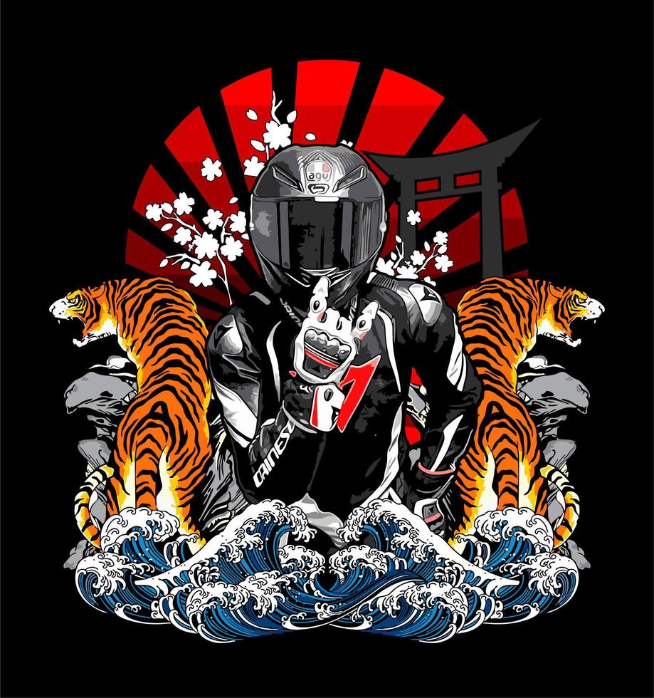 tiger and biker on sun background vector