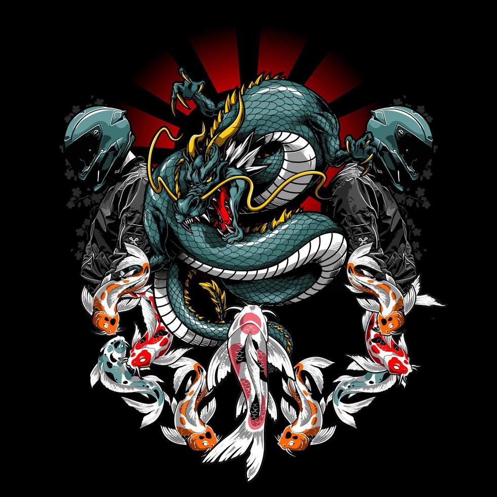dragon flanked by two bikers vector