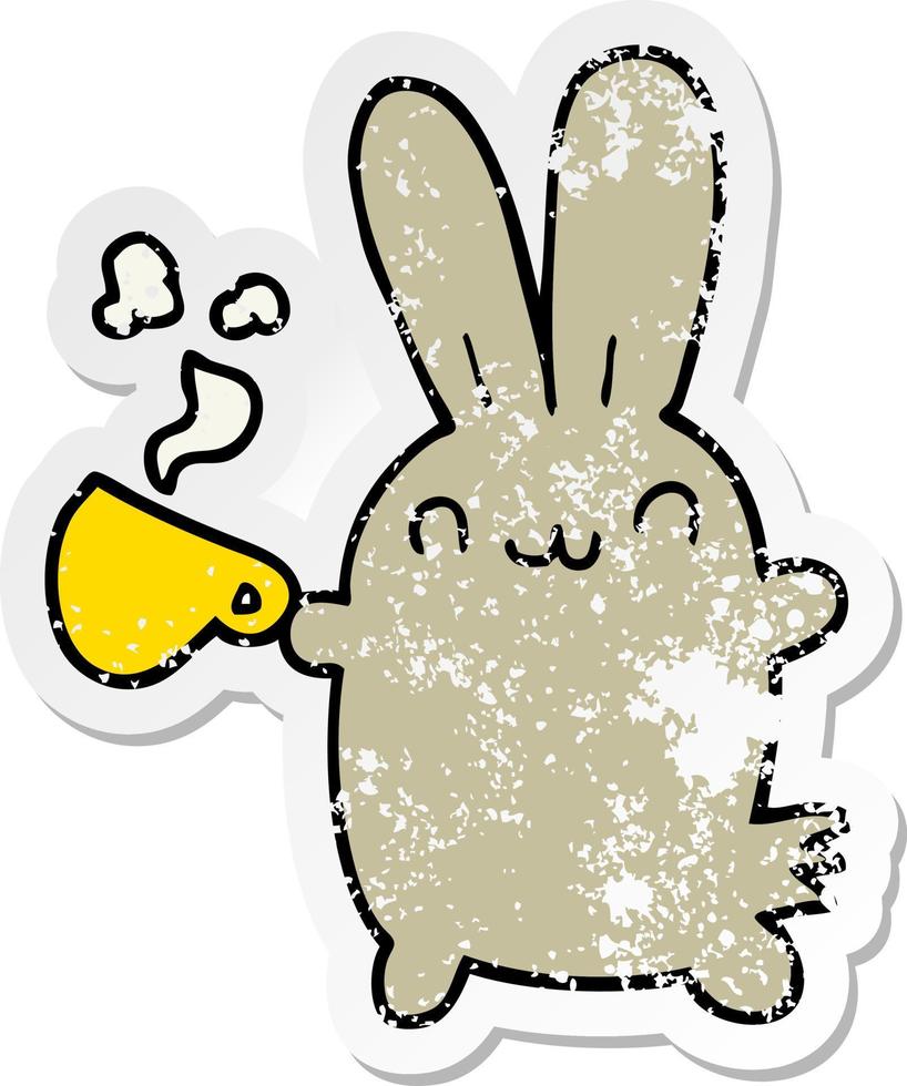 distressed sticker of a cute cartoon rabbit drinking coffee vector