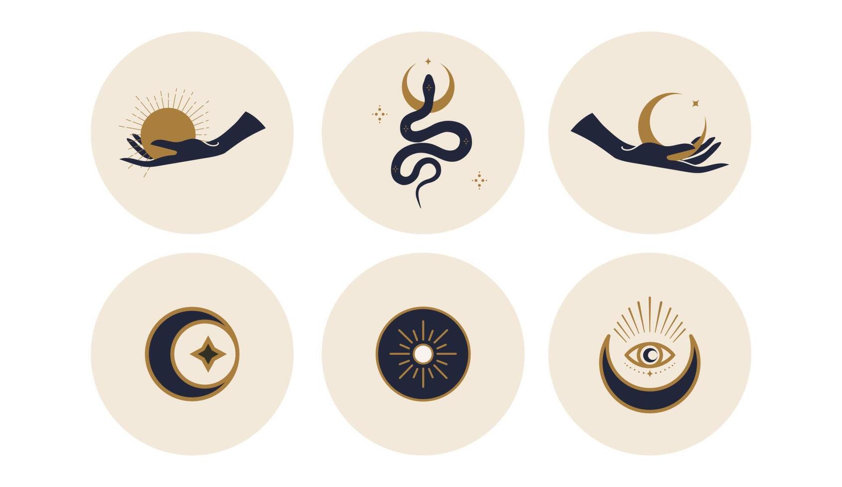 Sacred icons depicting the moon, sun and snakes in circles. Vector illustration. Set of icons and emblems for social media news covers. Design Templates for a Yoga Studio and an Astrologer Blogger