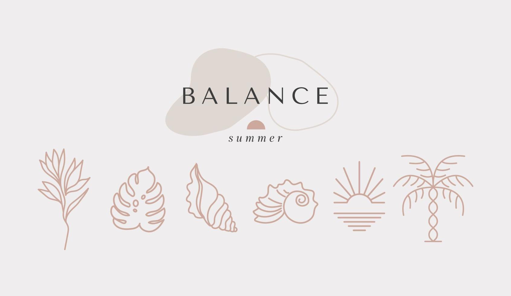 Modern minimal summer logo template with sea shell, palm tree linear icon and emblem for social media, accommodation rental and travel services, cafe vector