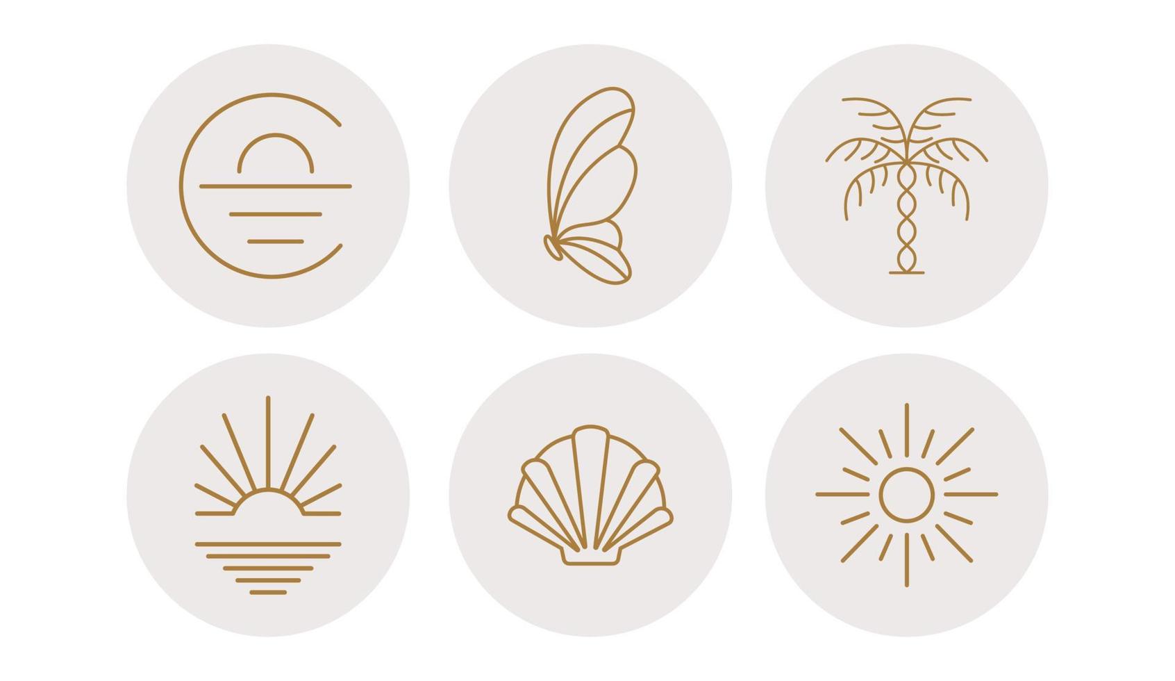 íconos de verano que representan el amanecer, el sol y las flores en círculos. ilustración vectorial conjunto de íconos y emblemas para las portadas de noticias de las redes sociales. plantillas de diseño para un estudio de yoga y un blogger astrólogo vector