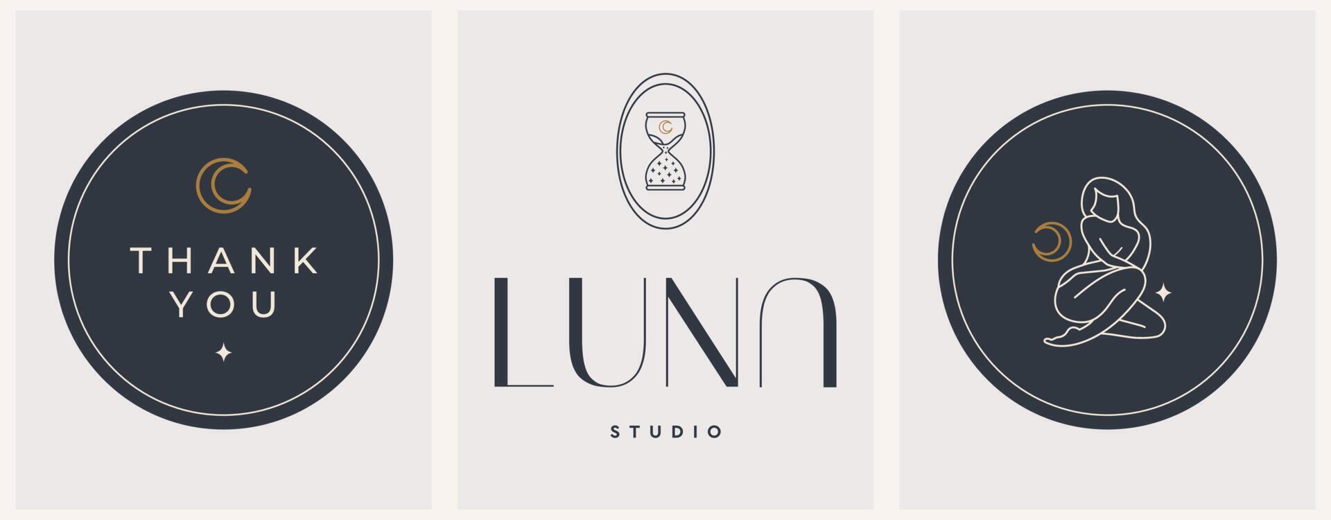 Plantillas de diseño de logotipo moderno abstracto vectorial con silueta de reloj de arena y chica con luna en un estilo lineal moderno. para joyería para servicios y productos exclusivos, industria de belleza y spa vector