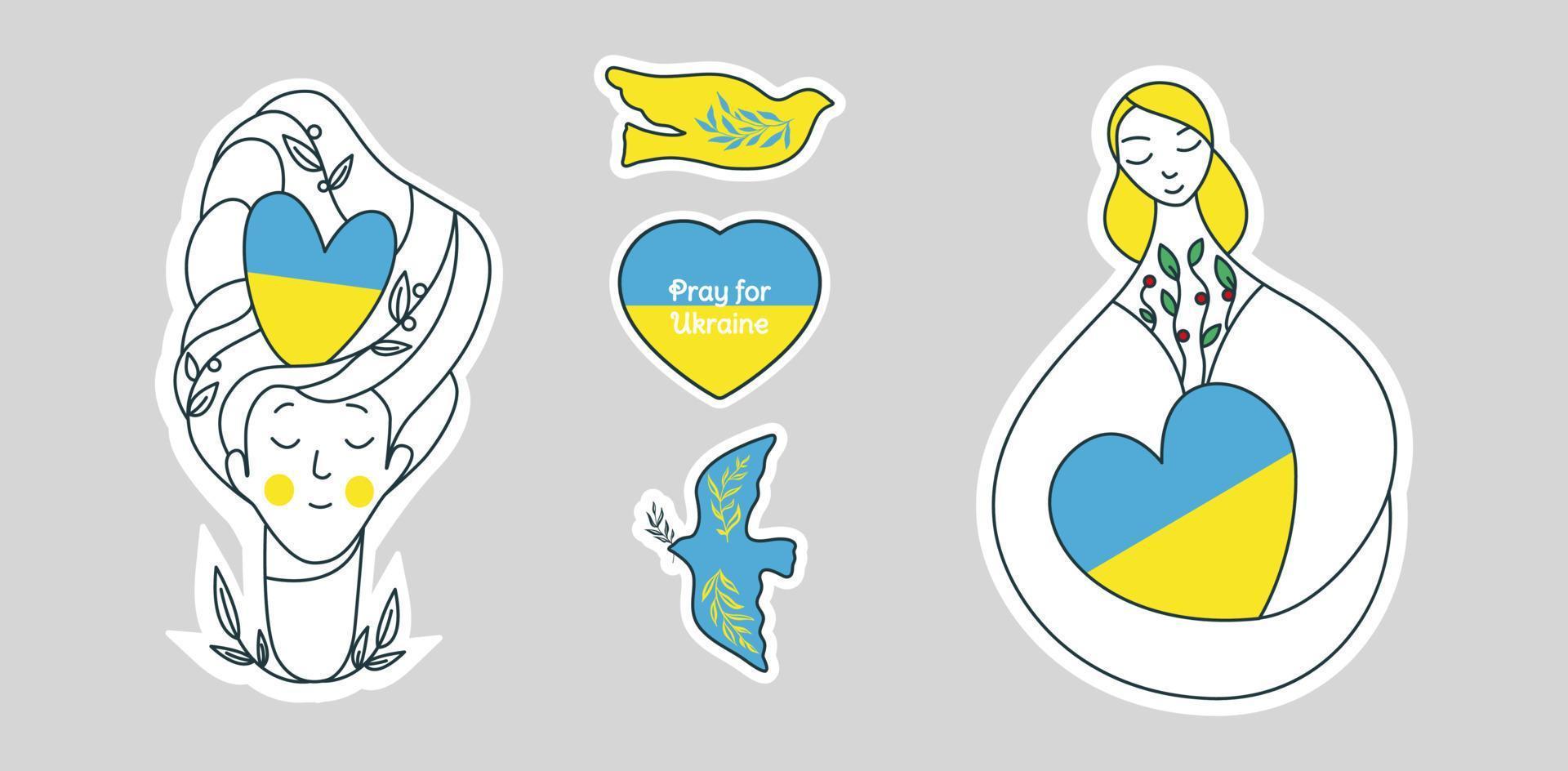 Stickers in support of Ukraine, Ukrainian flag with Pray for Ukraine concept icons set. Vector illustration
