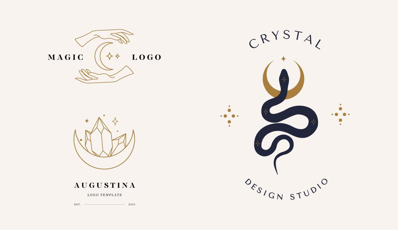 A set of logos in a linear style. Magic snake with moon, star, hands and crescents. Mystical symbols in a trendy minimalist style. vector