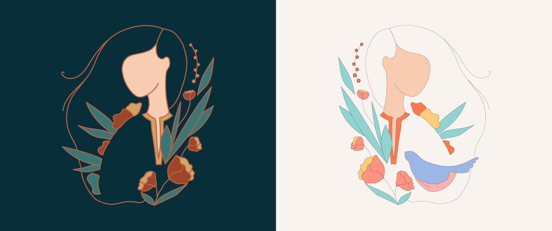 Illustration in a minimalistic linear style with a beautiful female portrait in flowers. For hairdressers, beauty salons, organic cosmetics, SPA, printing, jewelry store. vector