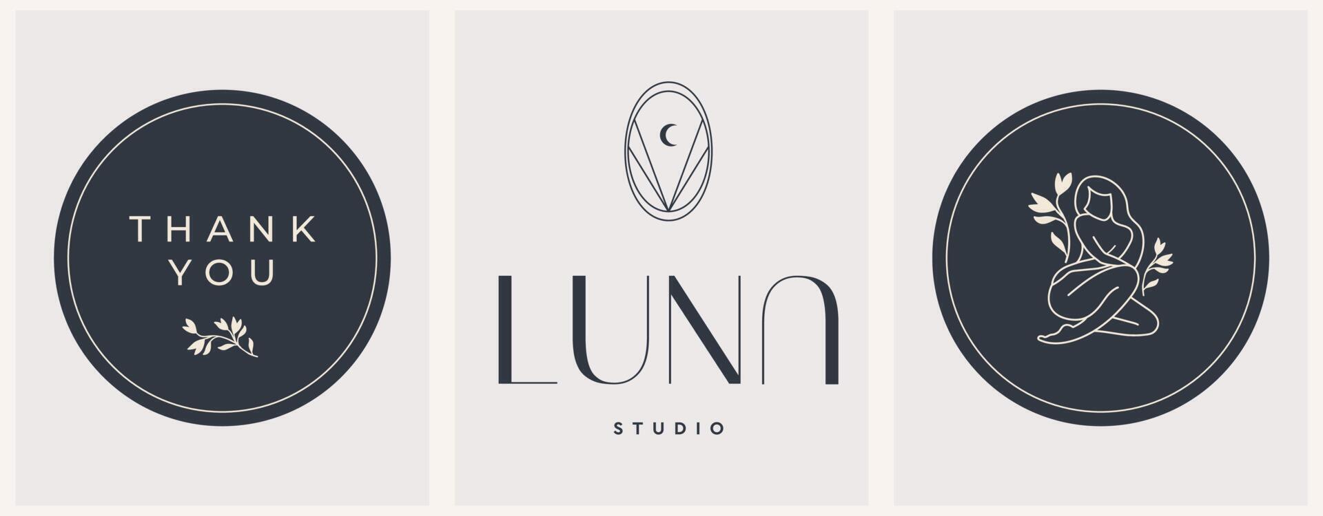 Plantillas de diseño de logotipo moderno abstracto vectorial con silueta de luna y niña en flores en un estilo lineal moderno. para joyería para servicios y productos exclusivos, industria de belleza y spa vector