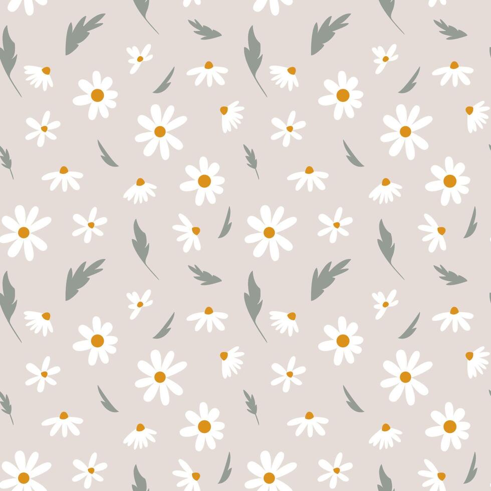 Seamless pattern of decorative flowers and chamomile leaves. Romantic vintage background for textile, fabric, decorative paper on a beige background. vector