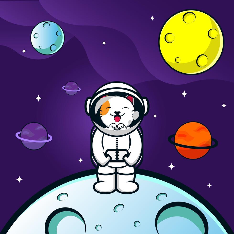 Cute cat astronaut stand up on planet cartoon vector icon illustration. science technology icon concept isolated premium vector. flat cartoon style