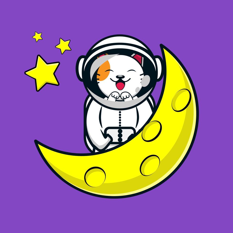 Cute cat astronaut stand up on planet cartoon vector icon illustration. science technology icon concept isolated premium vector. flat cartoon style