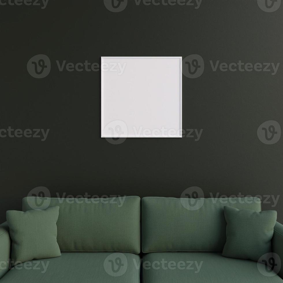 afiche blanco cuadrado minimalista o marco de fotos en el moderno diseño interior de la pared de la sala de estar con sofá. representación 3d