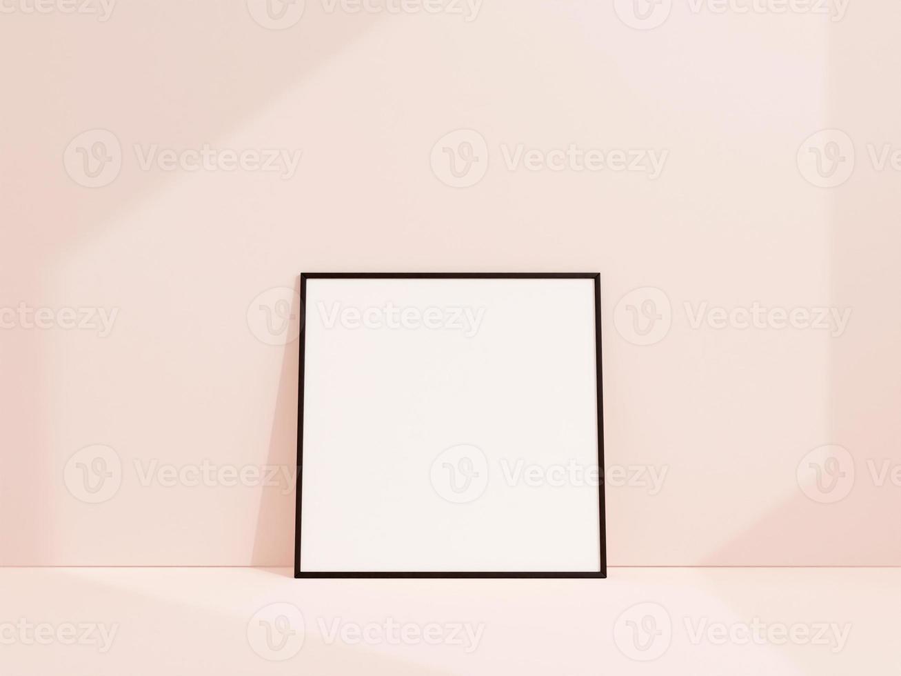 maqueta de marco de póster o foto negra cuadrada de vista frontal limpia y minimalista apoyada contra la pared blanca. representación 3d