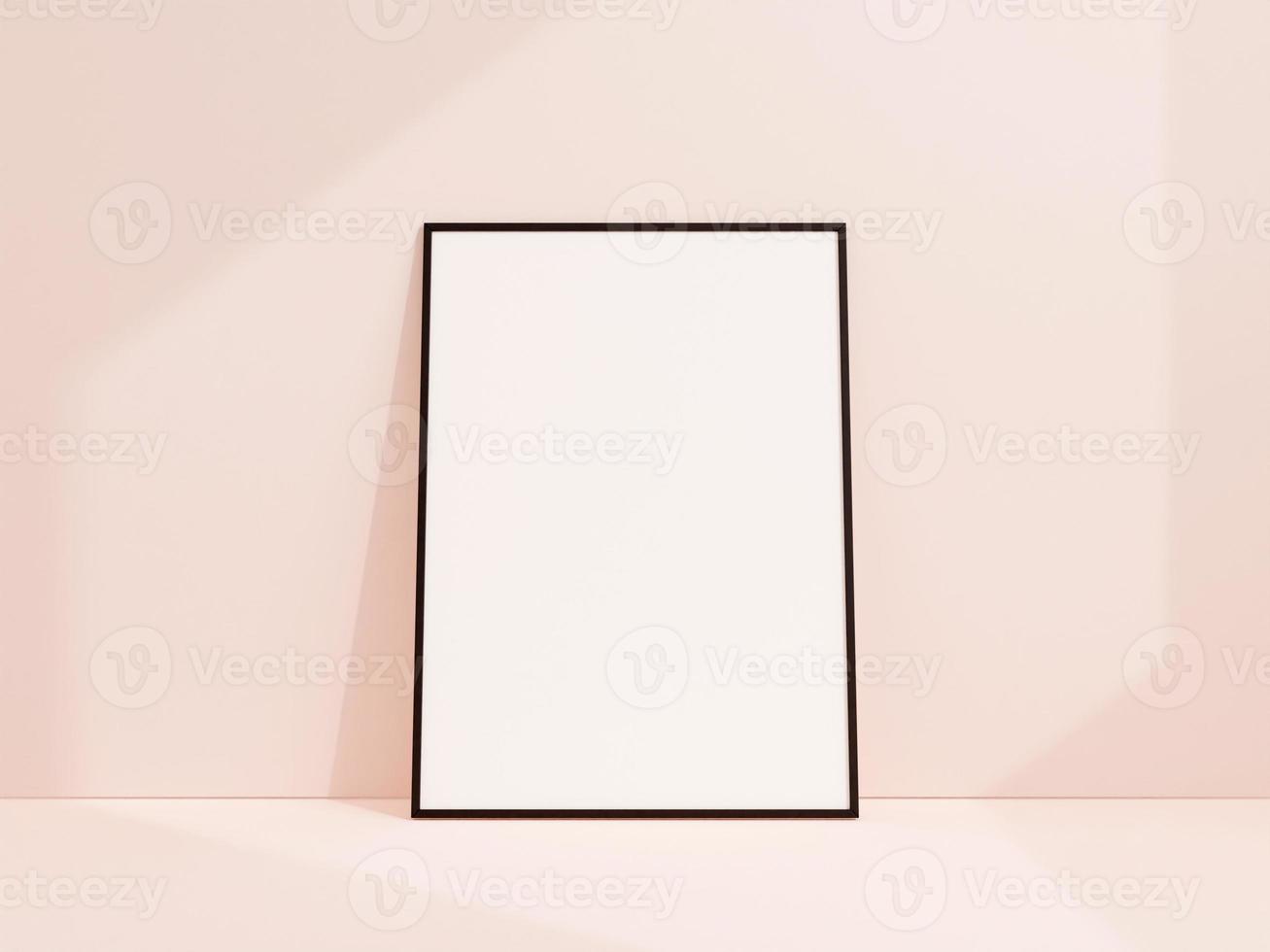 Clean and minimalist front view portrait black photo or poster frame mockup leaning against white wall. 3d rendering.