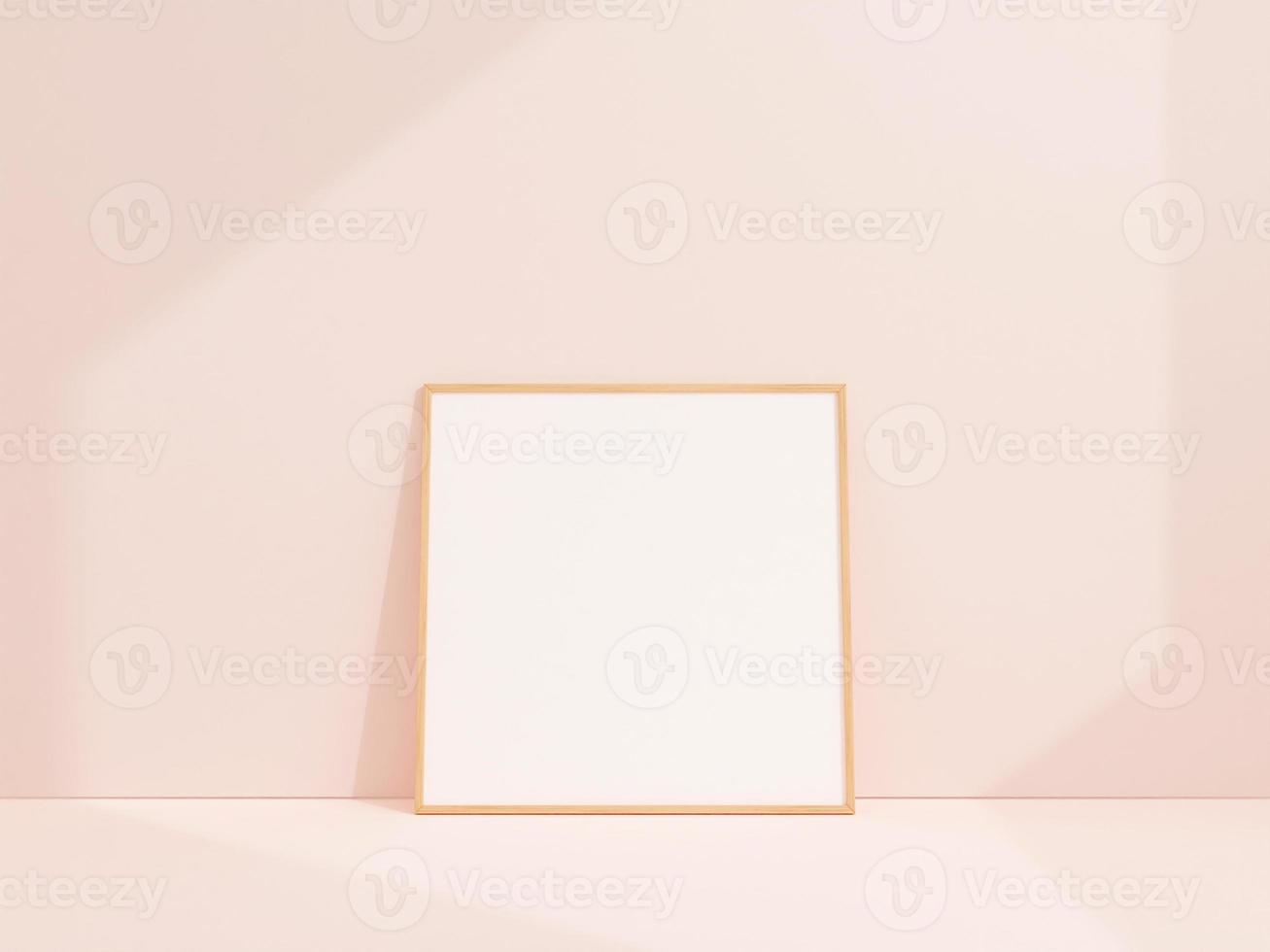 Clean and minimalist front view square wooden photo or poster frame mockup leaning against white wall. 3d rendering.