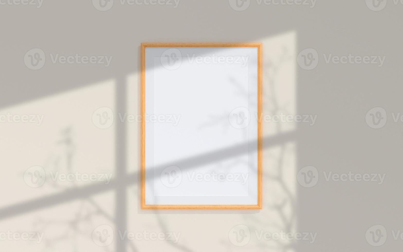 Clean and minimalist front view portrait wooden photo or poster frame mockup hanging on the wall with shadow overlay. 3d rendering.