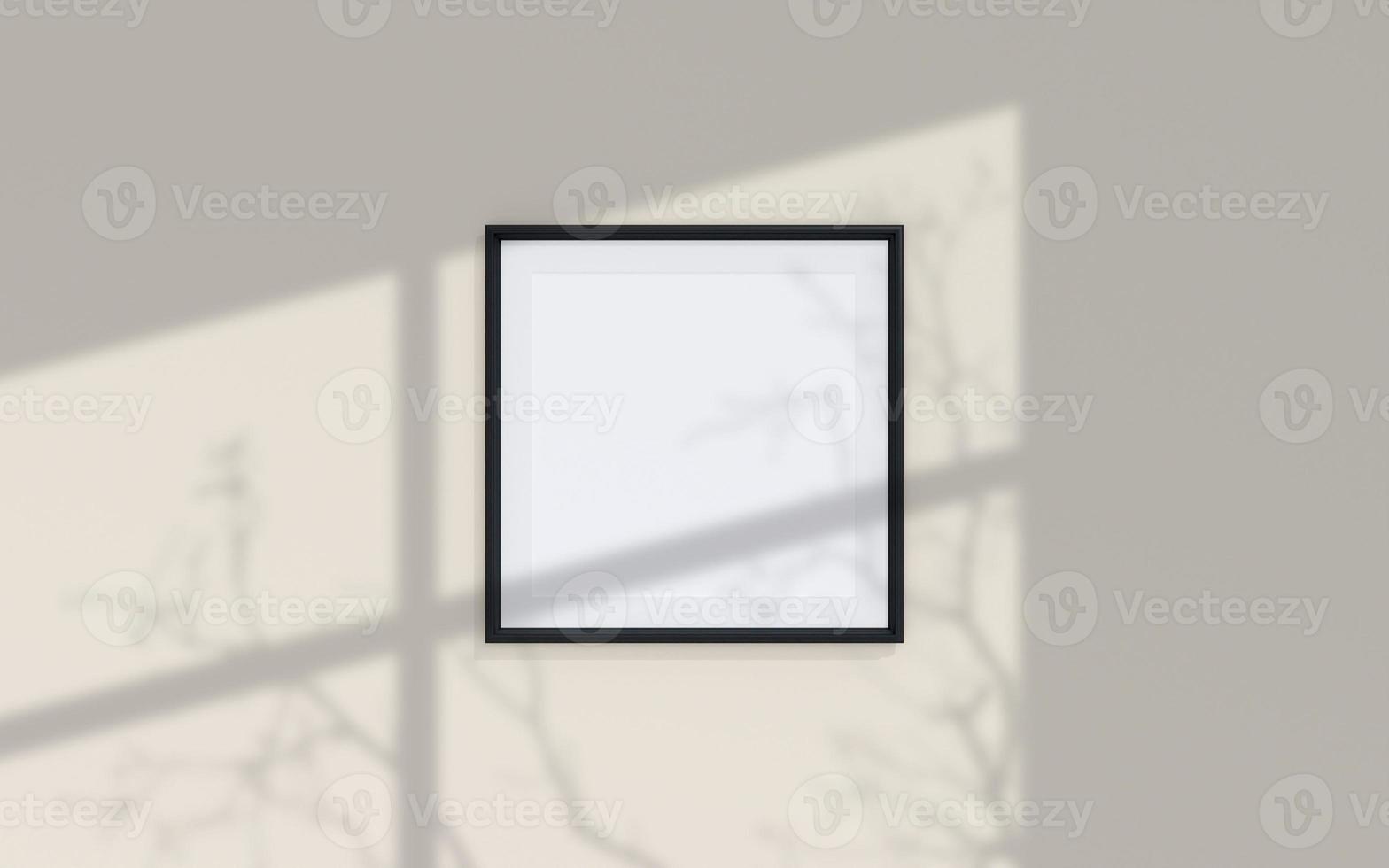Clean and minimalist front view square black photo or poster frame mockup hanging on the wall with shadow overlay. 3d rendering.