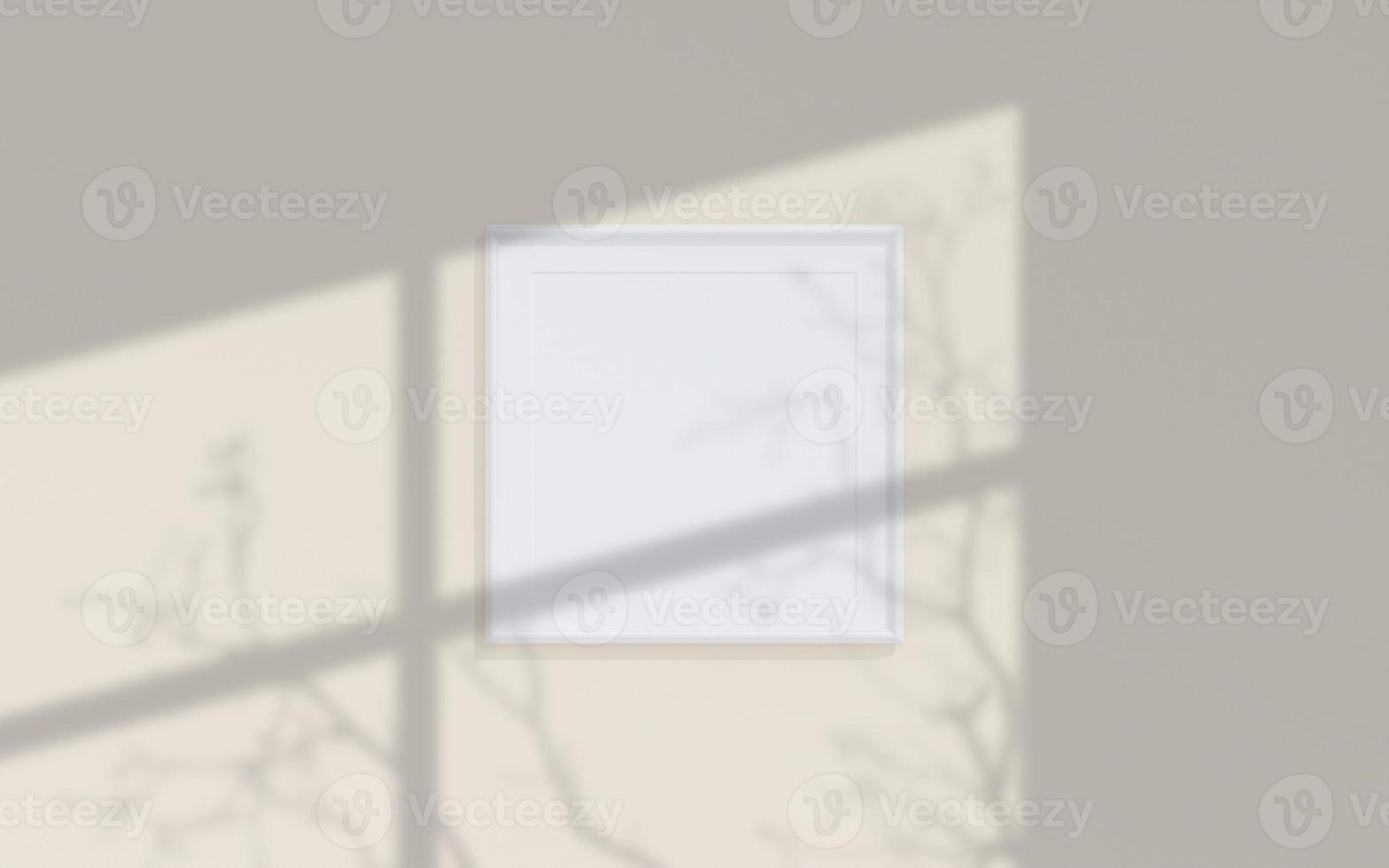 Clean and minimalist front view square white photo or poster frame mockup hanging on the wall with shadow overlay. 3d rendering.