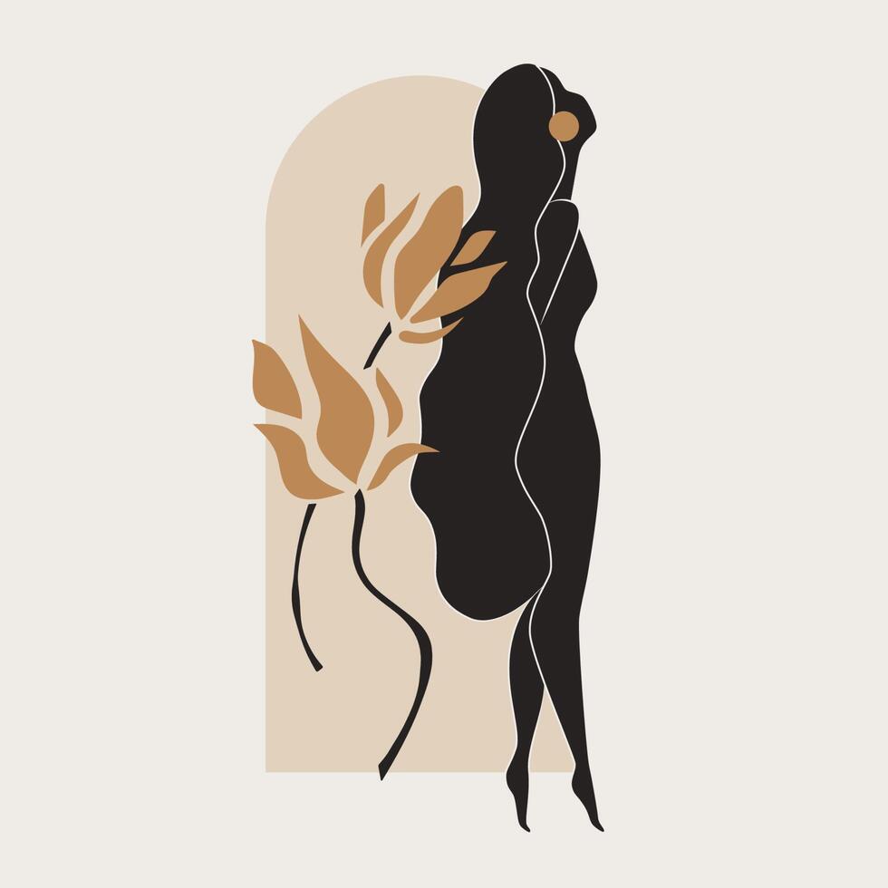 Gold and black feminine wall art, vector set. Artistic drawing of a silhouette in a mystical and 