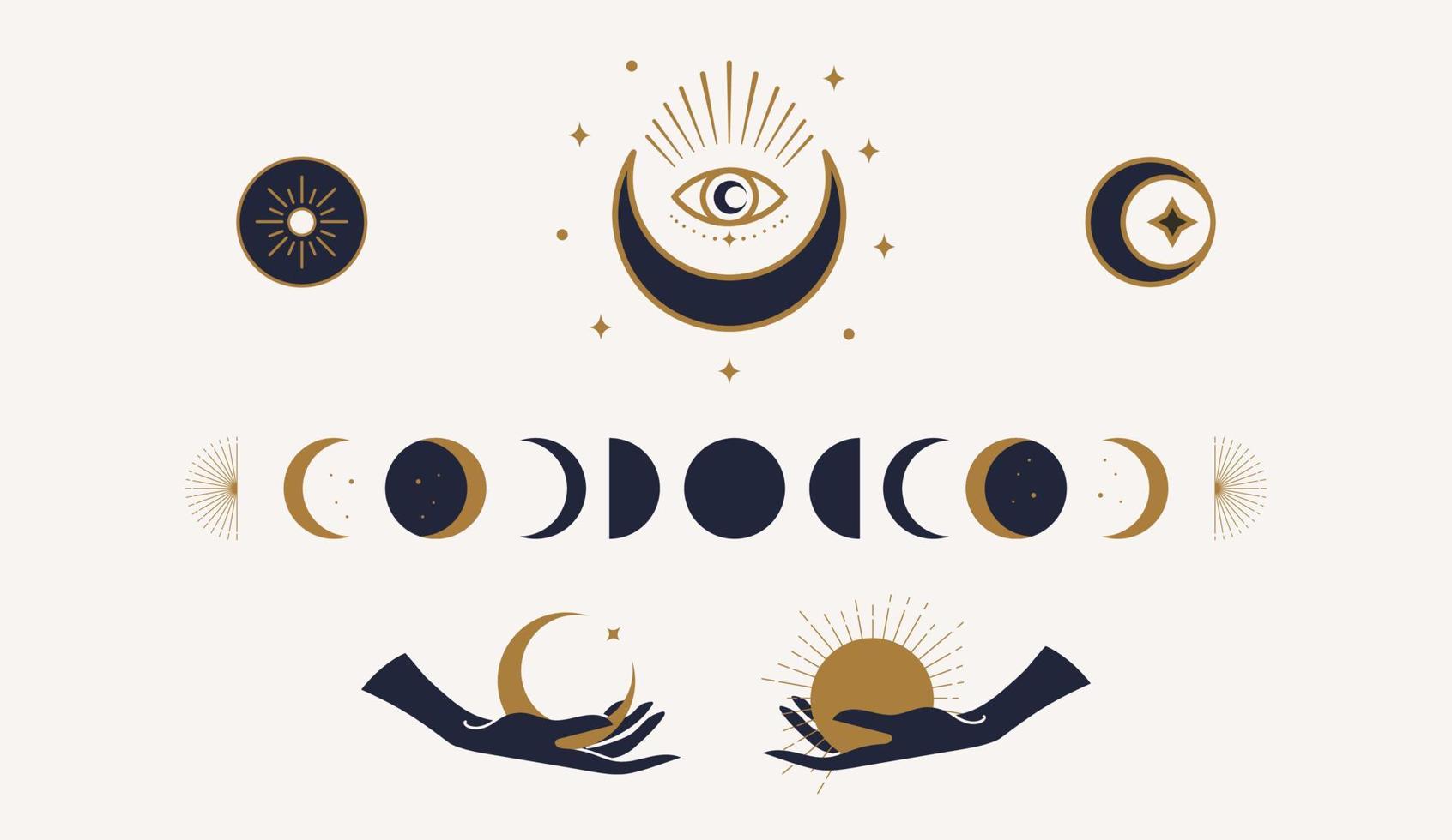 Set of mystical moon phase logo templates, female hands silhouette in minimal linear style. For cosmetics, beauty, tattoo, Spa, manicure, jewelry store vector