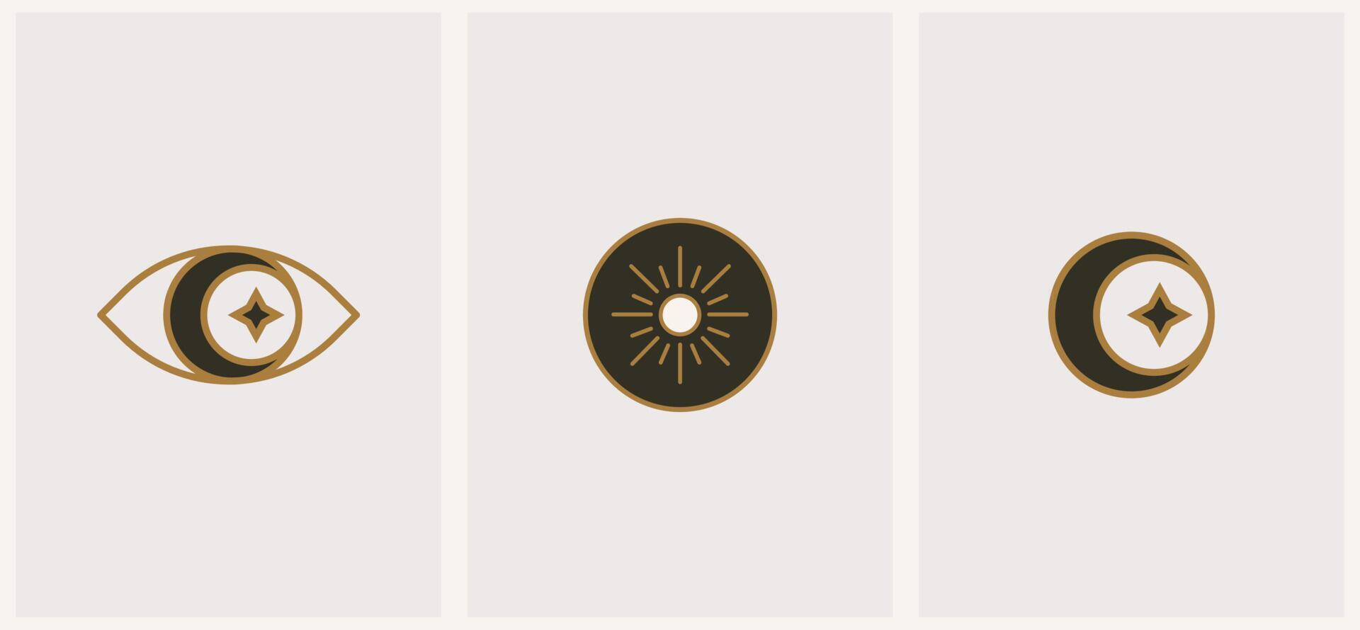 Mystical set of eye, moon and star. Minimal linear icon logo template and emblem for social media. vector