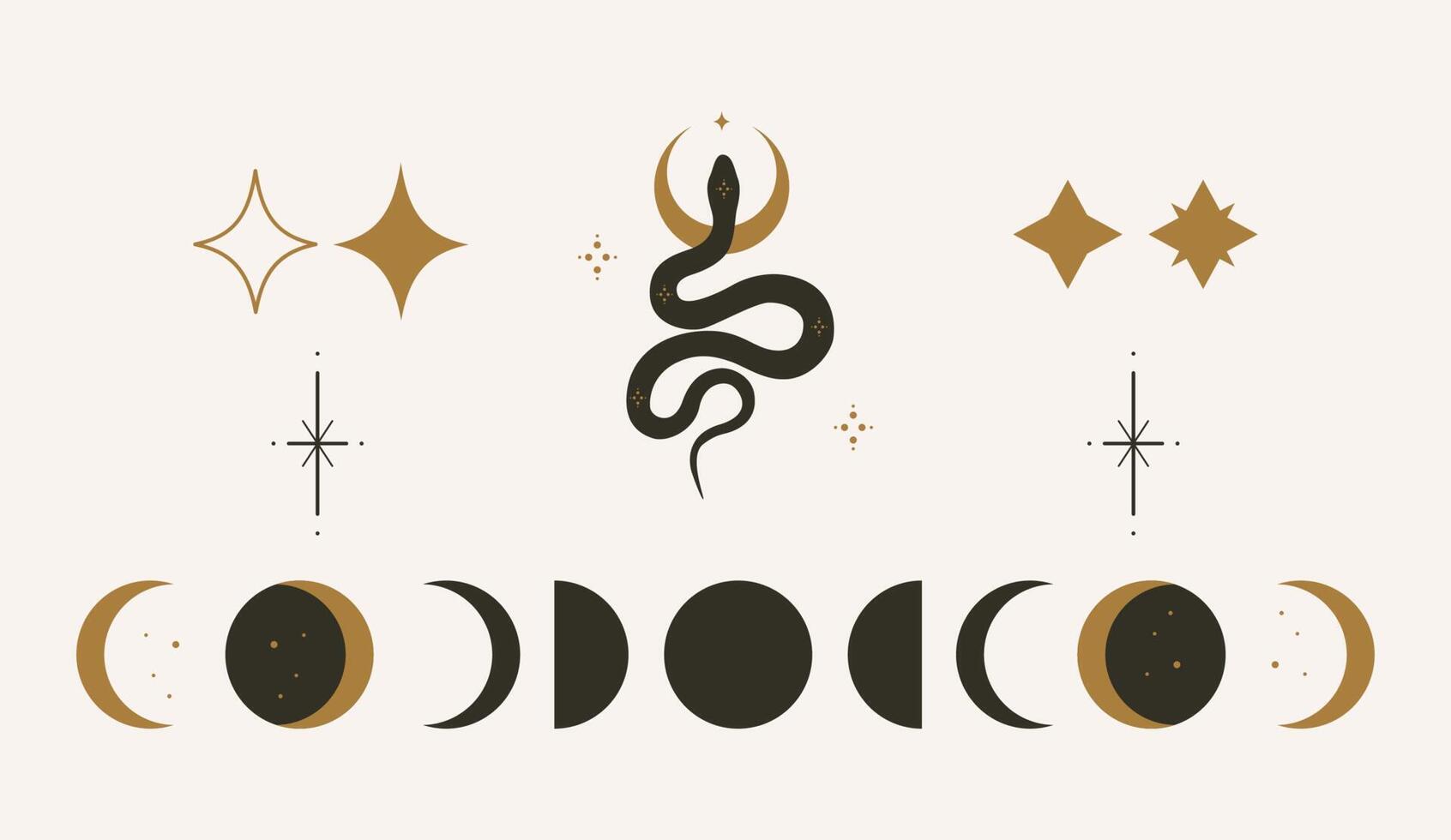 Mystical set of moon phases, stars and snake. vector